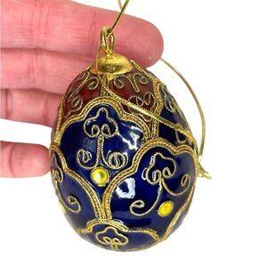 Vintage Cloisonne Egg Ornament Decorative Easter Christmas Blue Gold